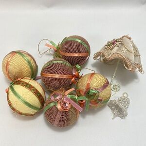 Victorian Ribbon Mesh Christmas Ornaments 6 Balls 1 Umbrella 1 Small Beaded Bell